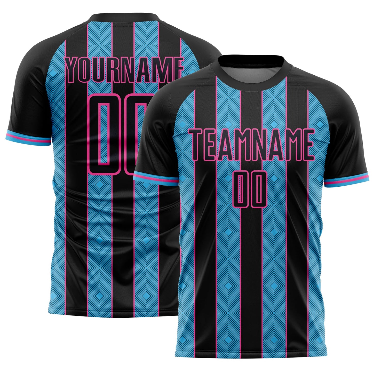Custom Black Sky Blue-Pink Pinstripe Line Sports Sublimation Soccer Uniform Jersey