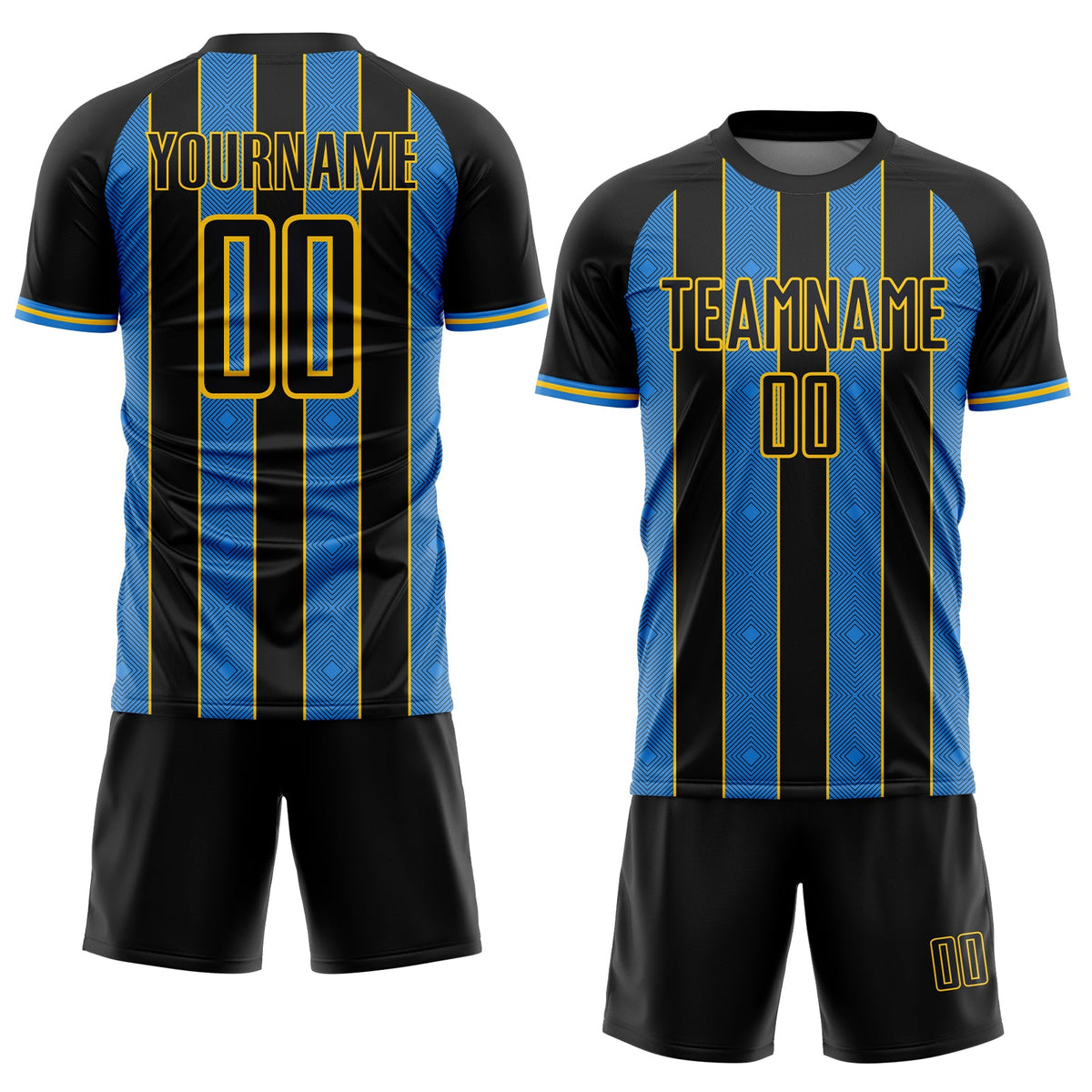 Custom Black Powder Blue-Yellow Pinstripe Line Sports Sublimation Soccer Uniform Jersey Limited
