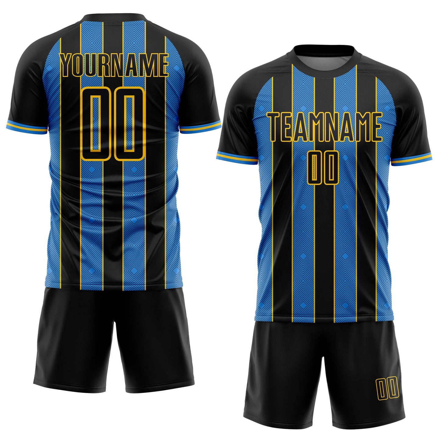 Custom Black Powder Blue-Yellow Pinstripe Line Sports Sublimation Soccer Uniform Jersey Limited