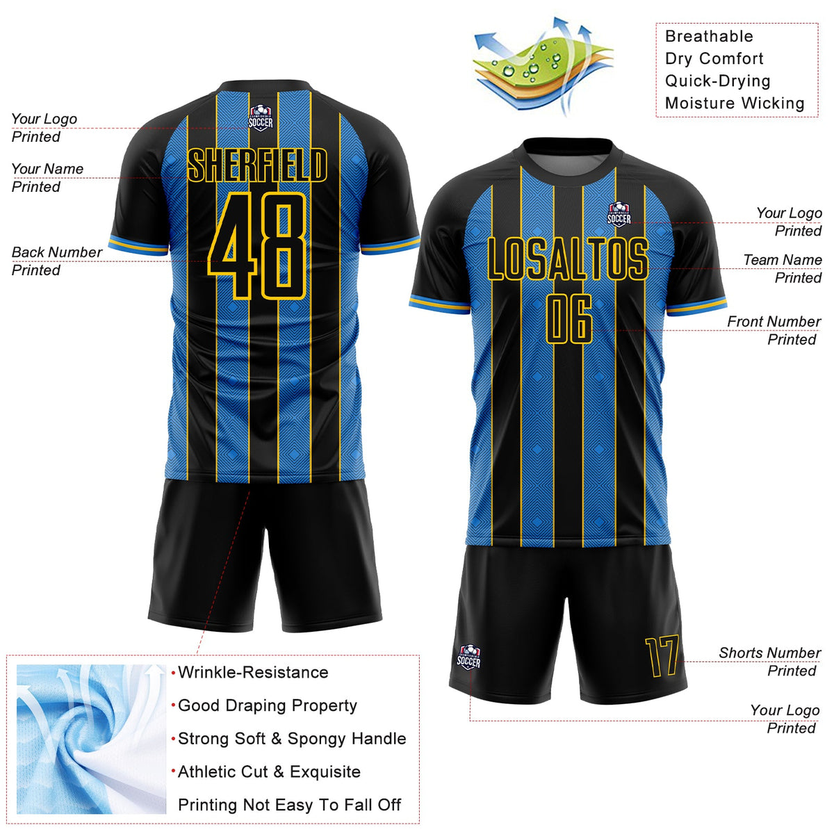 Custom Black Powder Blue-Yellow Pinstripe Line Sports Sublimation Soccer Uniform Jersey Limited