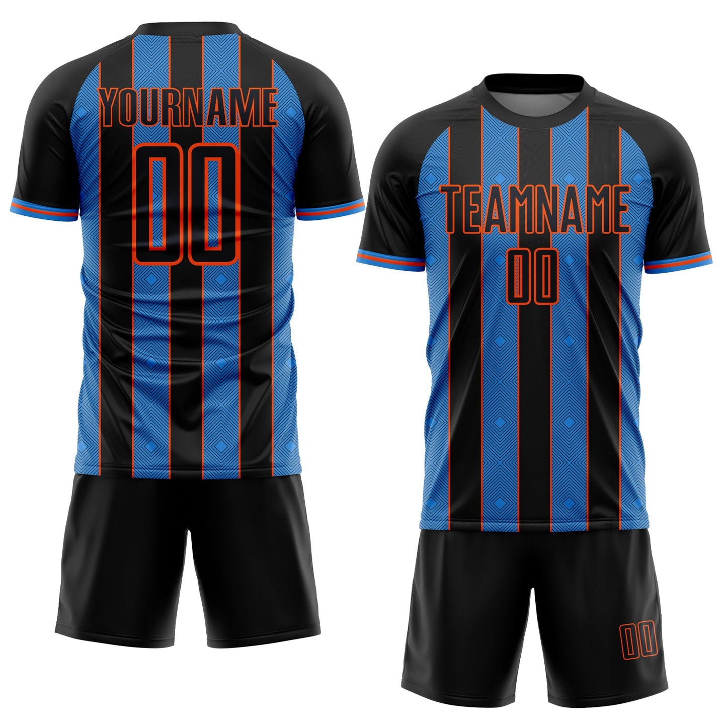 Custom Black Powder Blue-Orange Pinstripe Line Sports Sublimation Soccer Uniform Jersey Limited