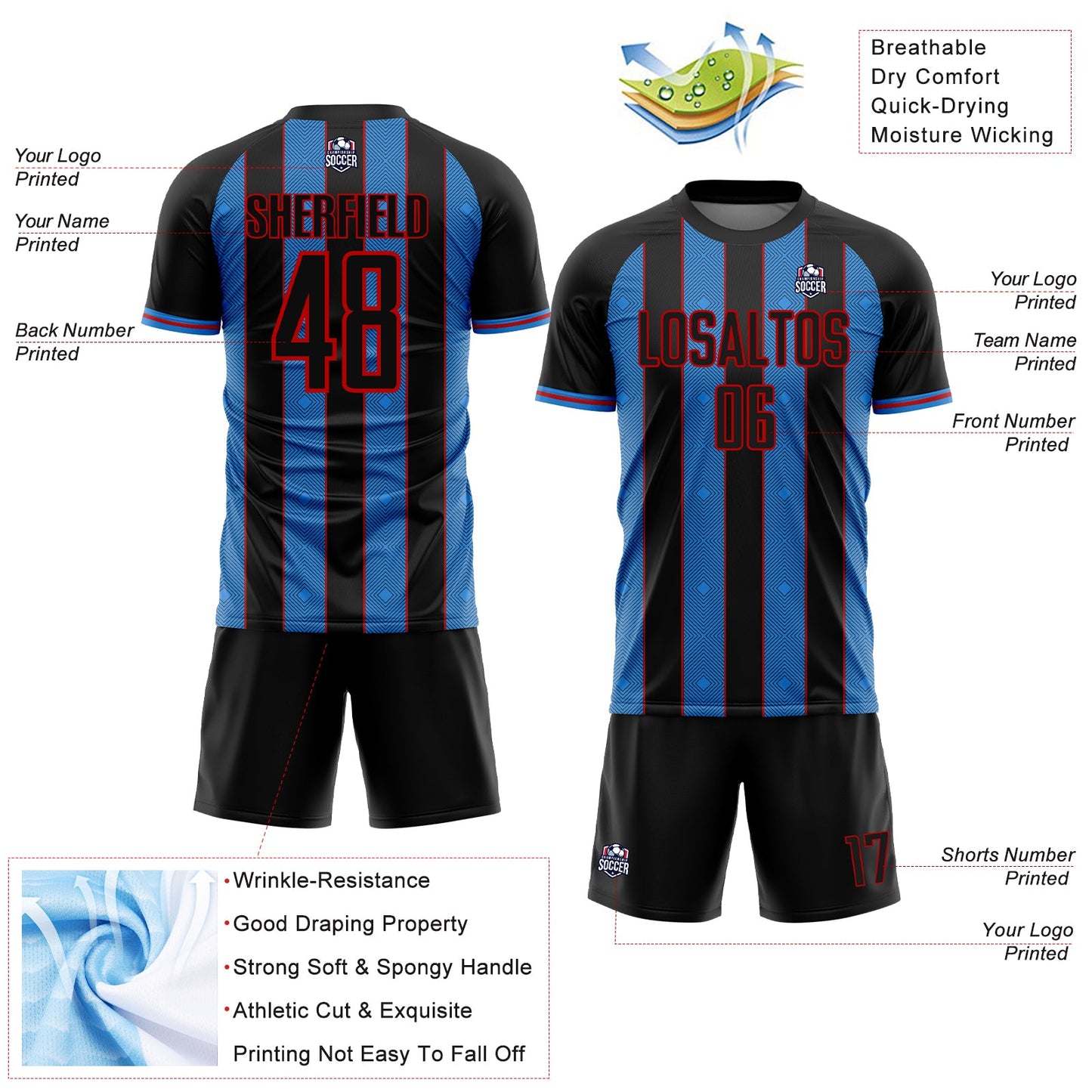 Custom Black Powder Blue-Red Pinstripe Line Sports Sublimation Soccer Uniform Jersey Limited