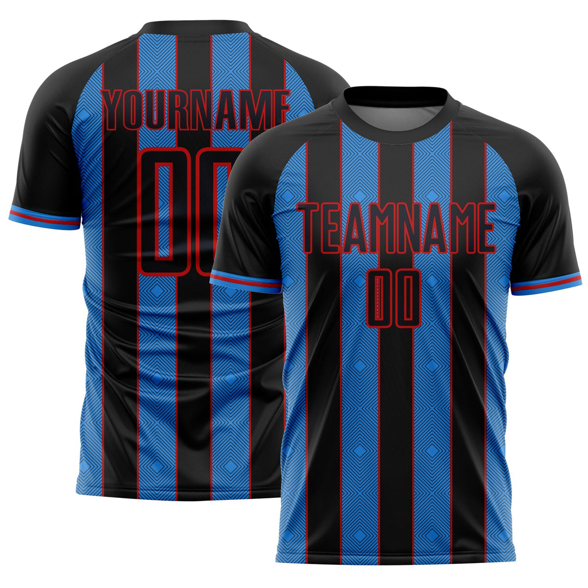 Custom Black Powder Blue-Red Pinstripe Line Sports Sublimation Soccer Uniform Jersey