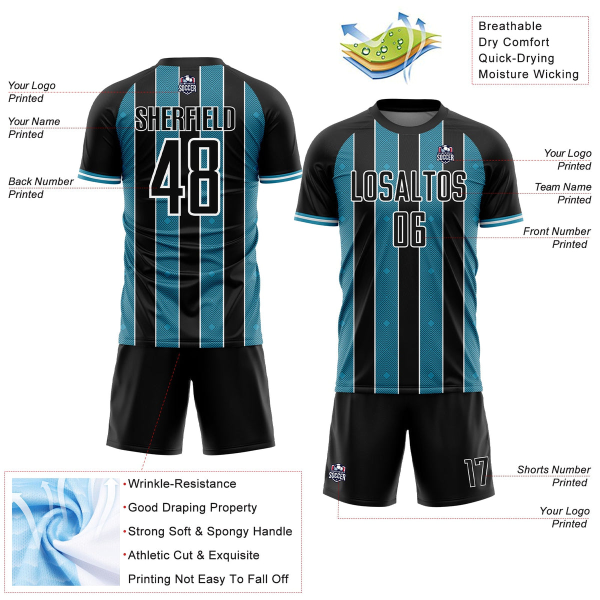 Custom Black Panther Blue-White Pinstripe Line Sports Sublimation Soccer Uniform Jersey Limited
