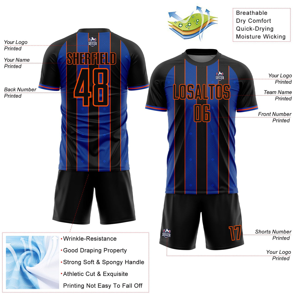 Custom Black Thunder Blue-Orange Pinstripe Line Sports Sublimation Soccer Uniform Jersey Limited