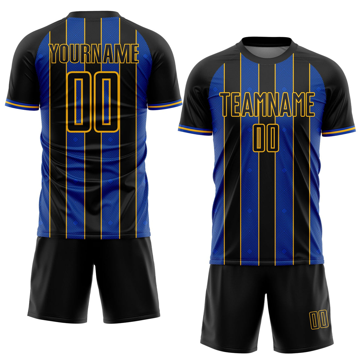 Custom Black Thunder Blue-Gold Pinstripe Line Sports Sublimation Soccer Uniform Jersey Limited