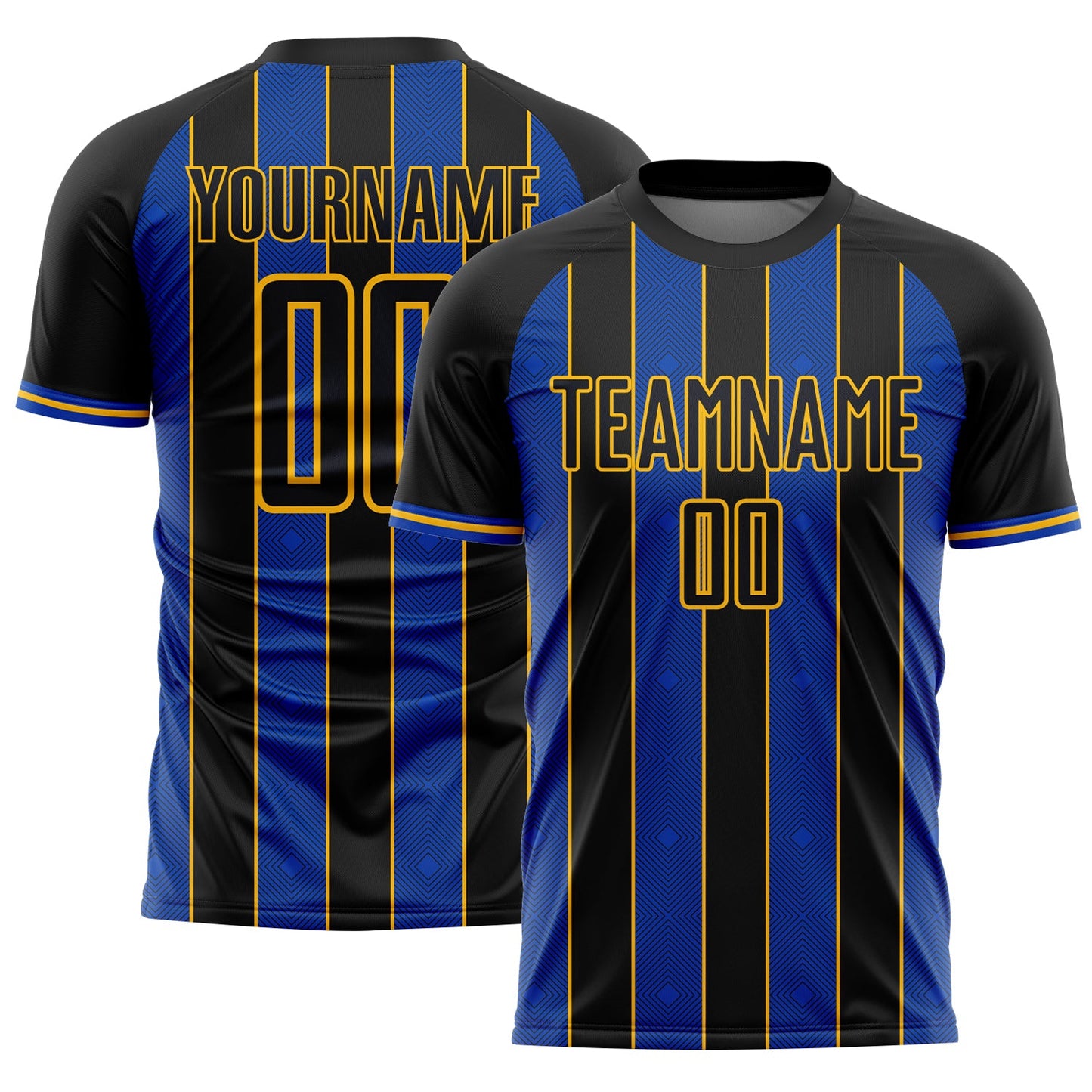 Custom Black Thunder Blue-Gold Pinstripe Line Sports Sublimation Soccer Uniform Jersey