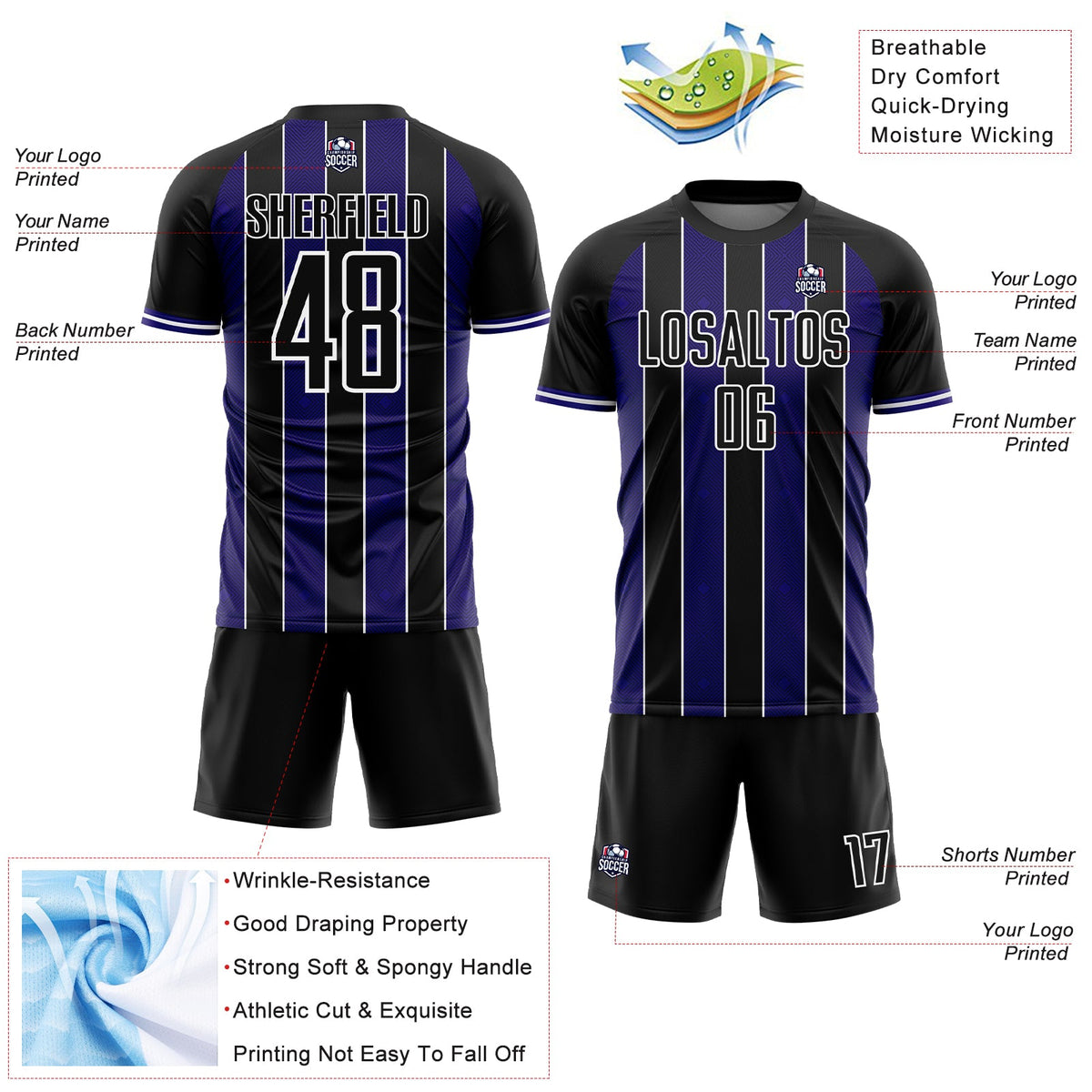 Custom Black Dark Purple-White Pinstripe Line Sports Sublimation Soccer Uniform Jersey Limited