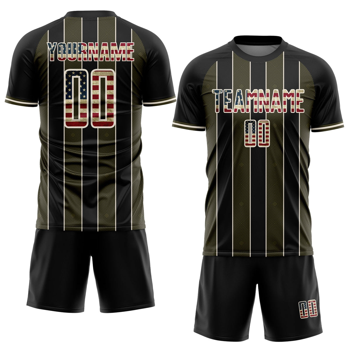 Custom Black Vintage USA Flag Olive-Cream Pinstripe Line Sports Sublimation Soccer Uniform Jersey Limited