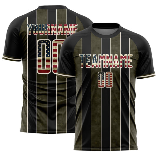 Custom Black Vintage USA Flag Olive-Cream Pinstripe Line Sports Sublimation Soccer Uniform Jersey