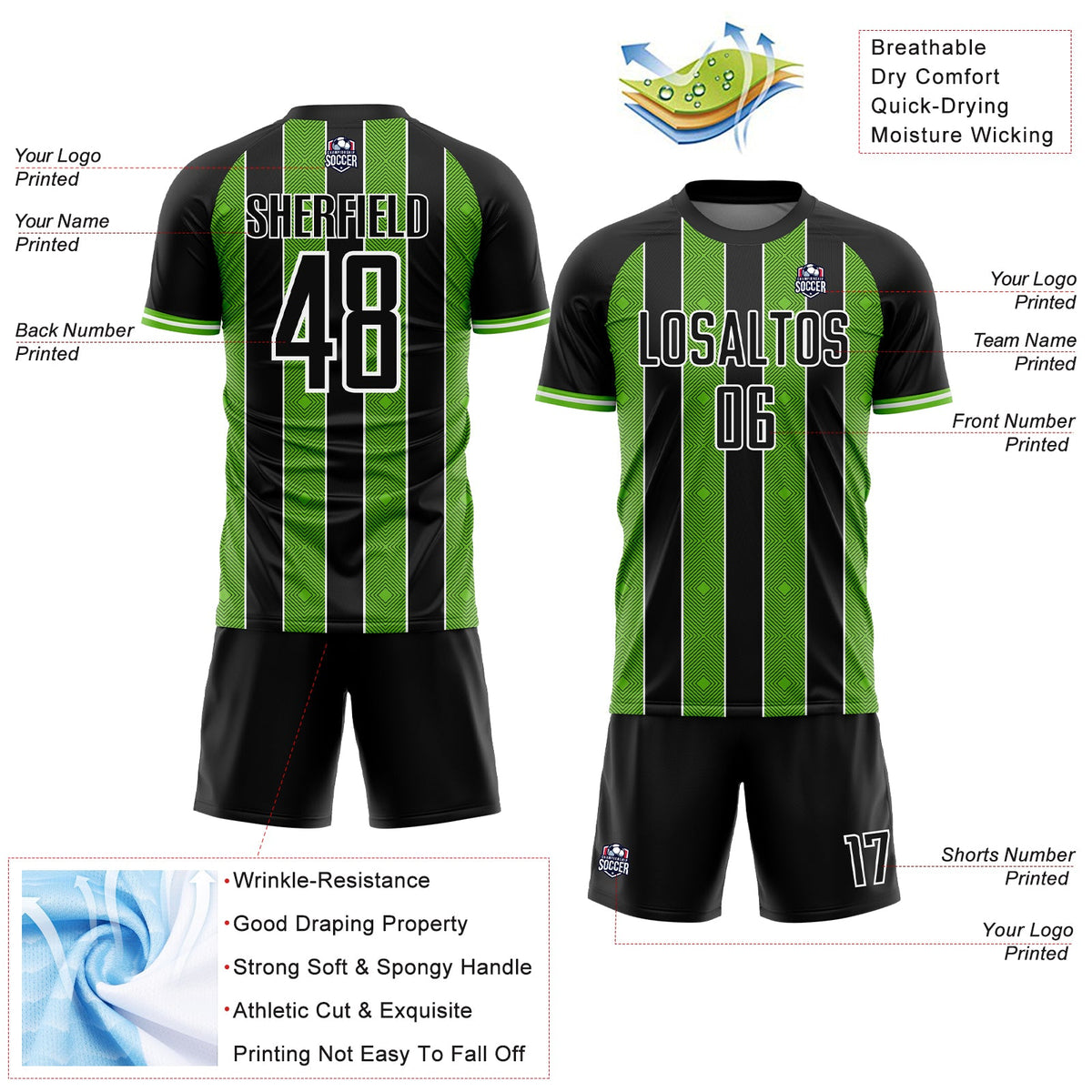 Custom Black Aurora Green-White Pinstripe Line Sports Sublimation Soccer Uniform Jersey Limited