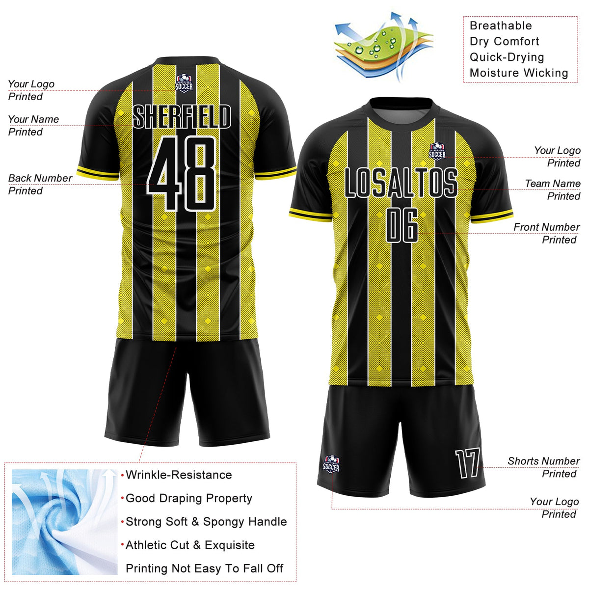 Custom Black Light Yellow-White Pinstripe Line Sports Sublimation Soccer Uniform Jersey Limited