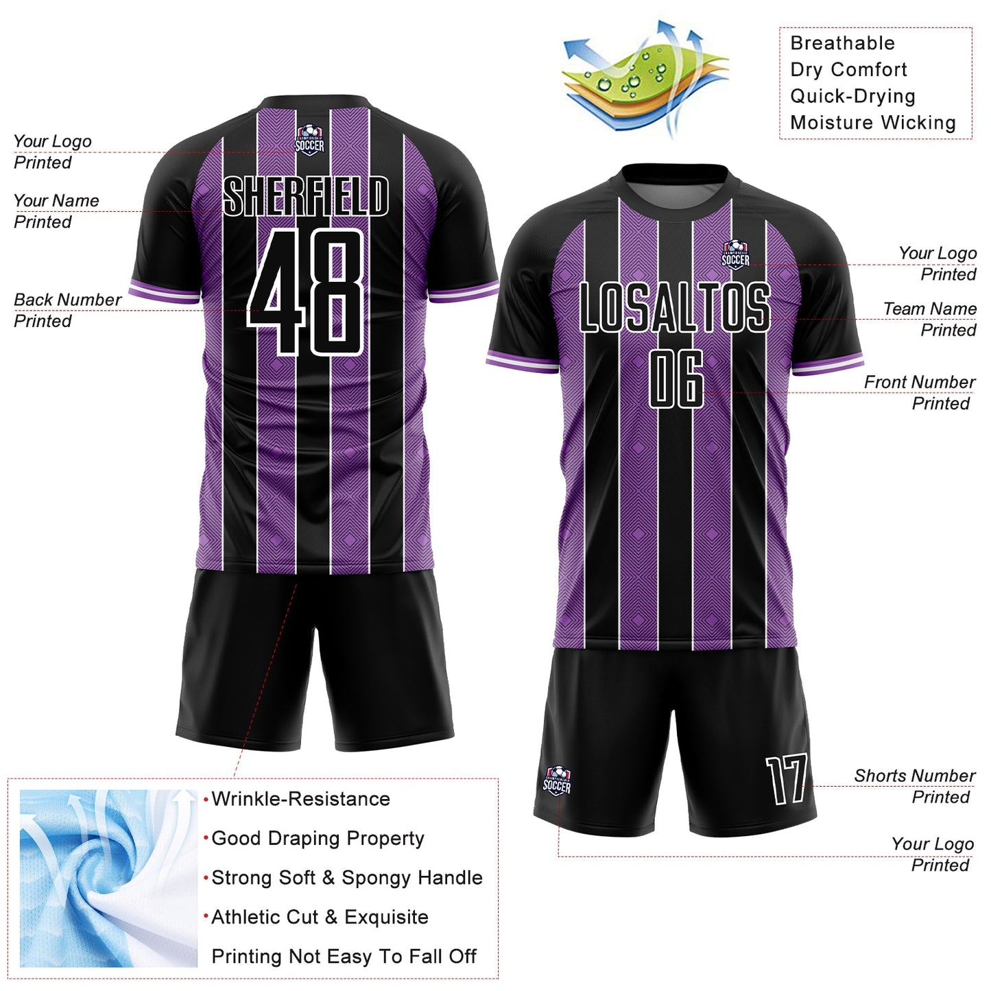 Custom Black Medium Purple-White Pinstripe Line Sports Sublimation Soccer Uniform Jersey Limited