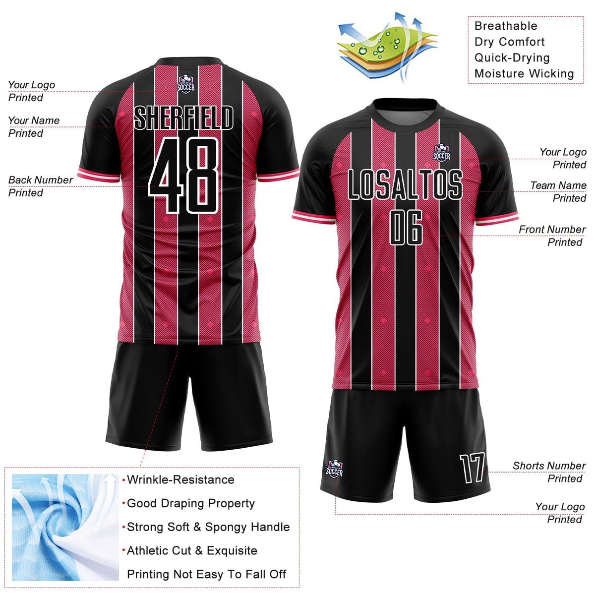 Custom Black Neon Pink-White Pinstripe Line Sports Sublimation Soccer Uniform Jersey Limited