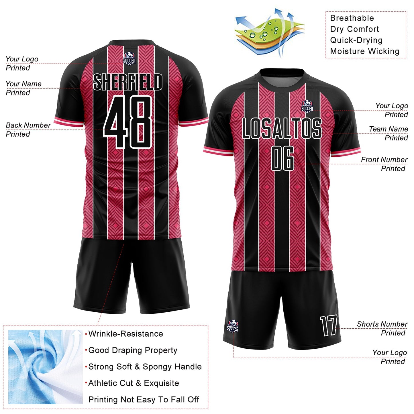 Custom Black Neon Pink-White Pinstripe Line Sports Sublimation Soccer Uniform Jersey Limited
