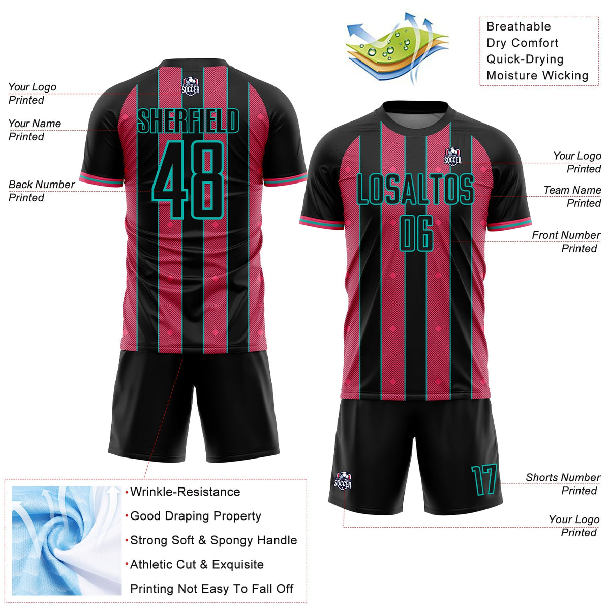 Custom Black Neon Pink-Aqua Pinstripe Line Sports Sublimation Soccer Uniform Jersey Limited