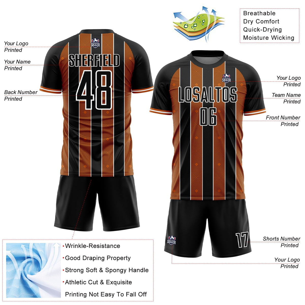 Custom Black Texas Orange-White Pinstripe Line Sports Sublimation Soccer Uniform Jersey Limited