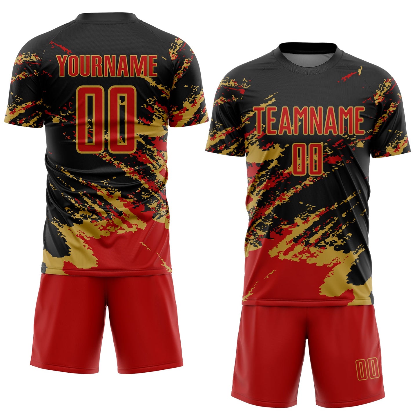 Custom Black Red-Old Gold Abstract Fragment Art Splash Sports Sublimation Soccer Uniform Jersey Limited