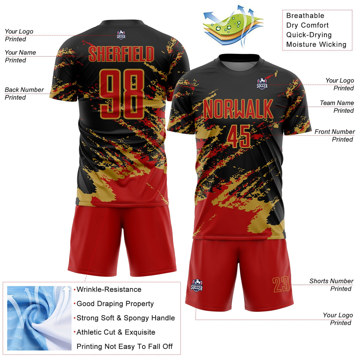 Custom Black Red-Old Gold Abstract Fragment Art Splash Sports Sublimation Soccer Uniform Jersey Limited