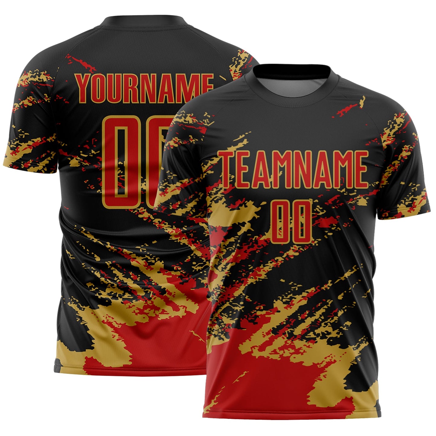 Custom Black Red-Old Gold Abstract Fragment Art Splash Sports Sublimation Soccer Uniform Jersey