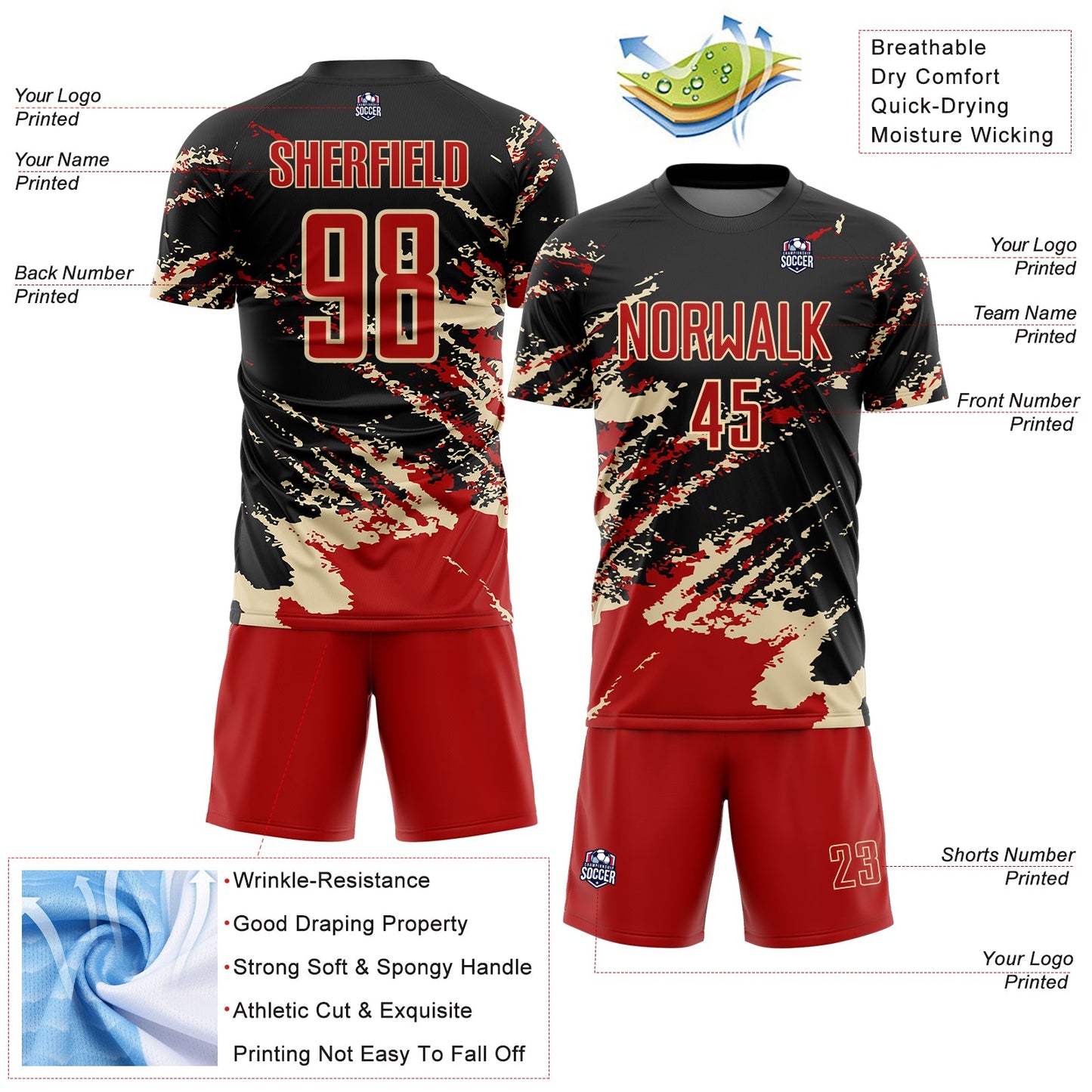 Custom Black Red-Cream Abstract Fragment Art Splash Sports Sublimation Soccer Uniform Jersey Limited