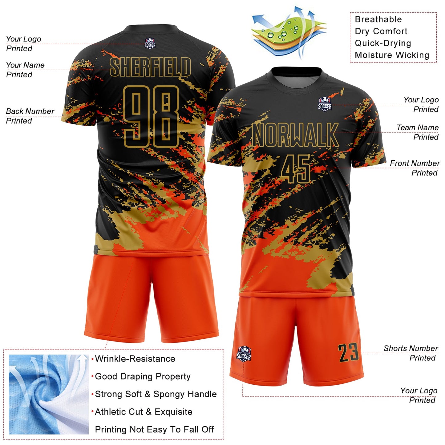 Custom Black Orange-Old Gold Abstract Fragment Art Splash Sports Sublimation Soccer Uniform Jersey Limited