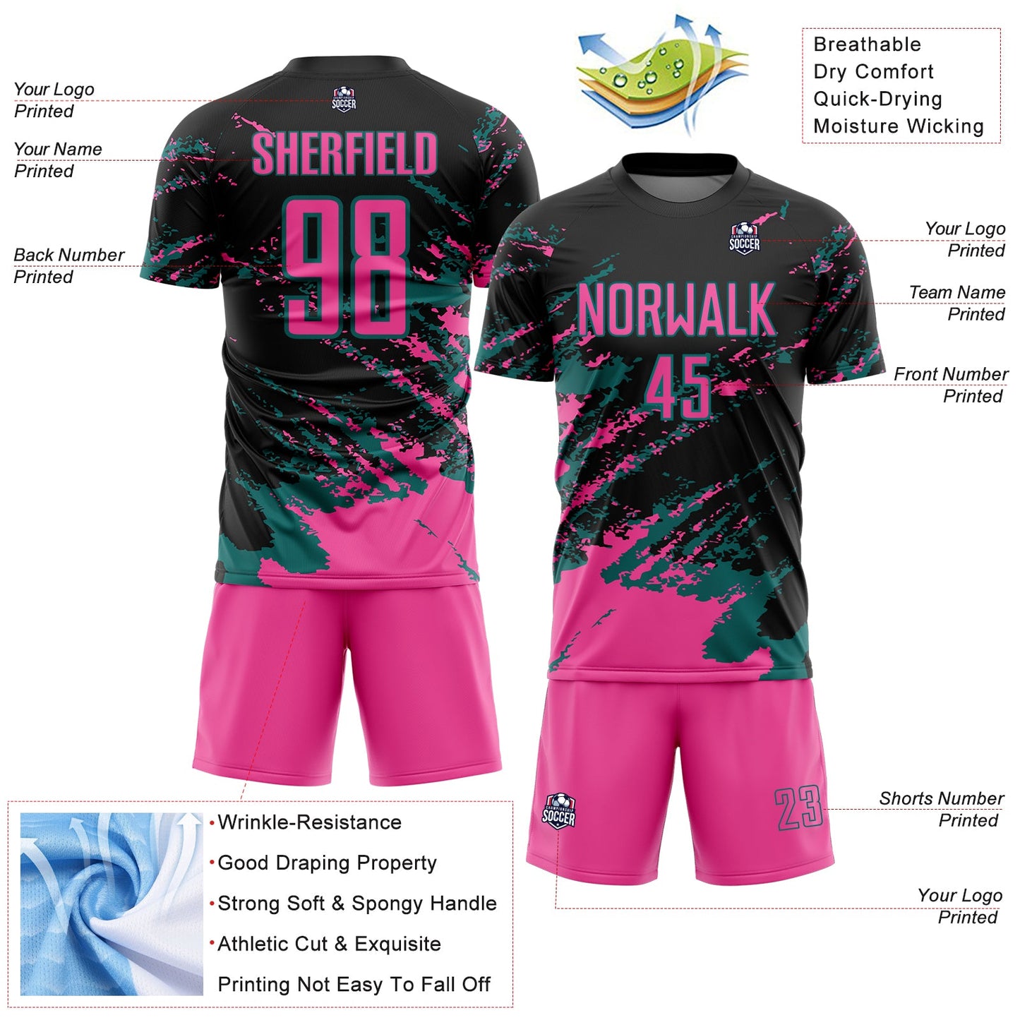Custom Black Pink-Teal Abstract Fragment Art Splash Sports Sublimation Soccer Uniform Jersey Limited