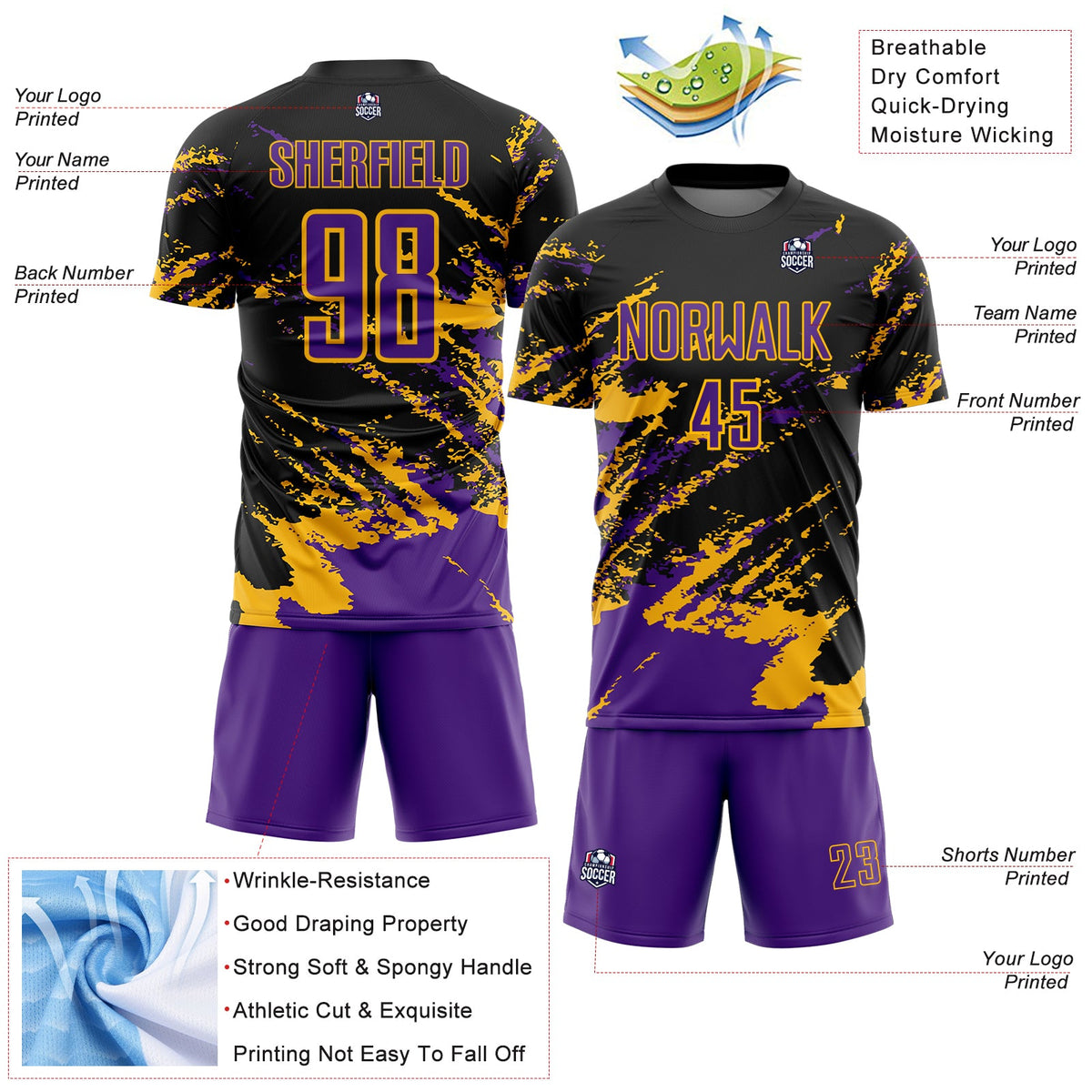 Custom Black Purple-Gold Abstract Fragment Art Splash Sports Sublimation Soccer Uniform Jersey Limited