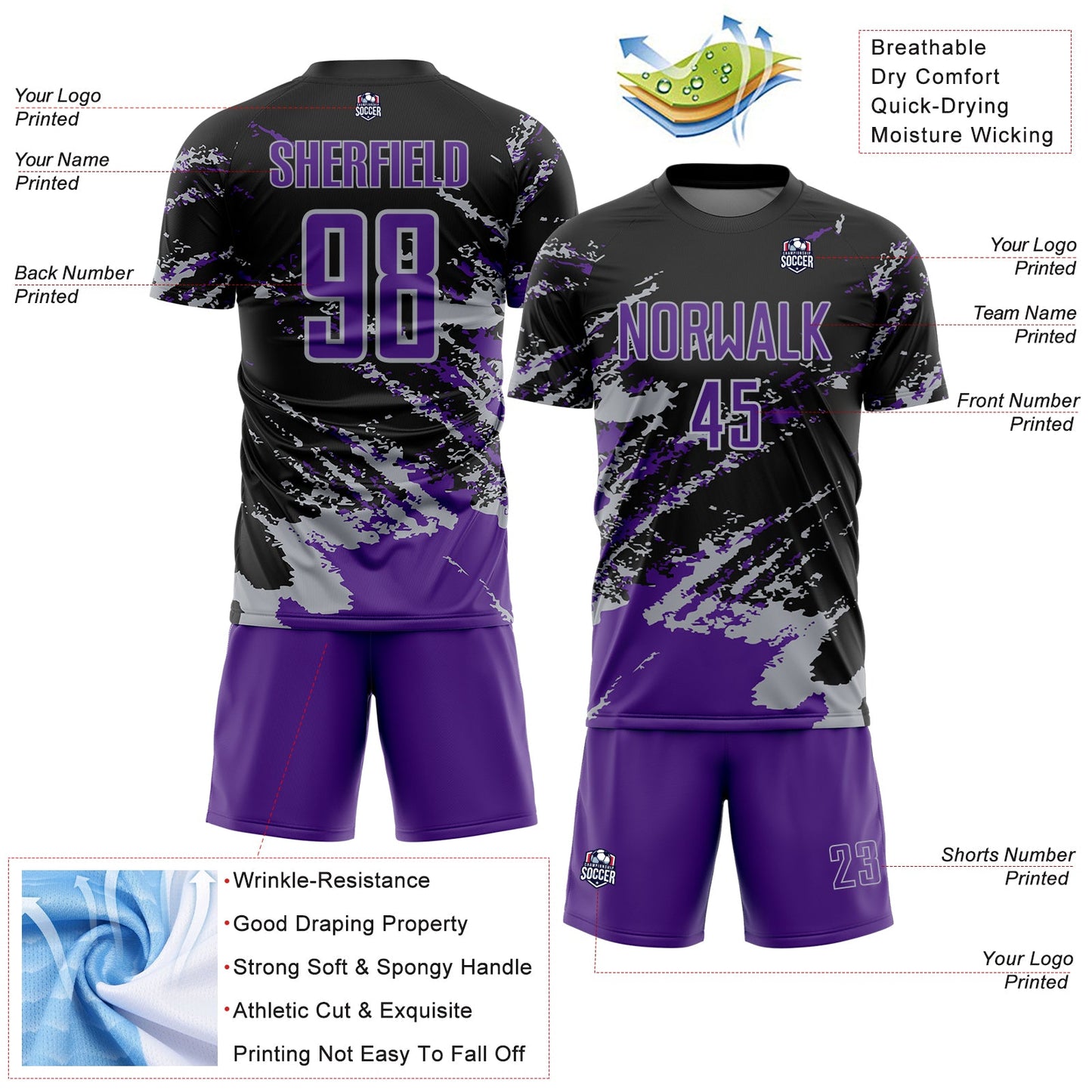 Custom Black Purple-Gray Abstract Fragment Art Splash Sports Sublimation Soccer Uniform Jersey Limited