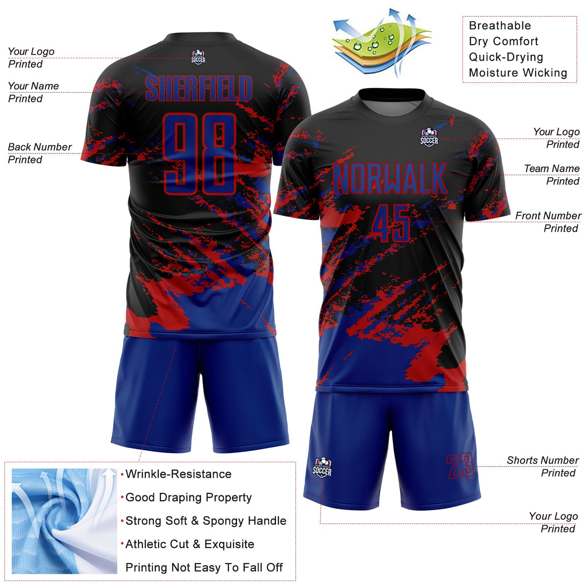 Custom Black Royal-Red Abstract Fragment Art Splash Sports Sublimation Soccer Uniform Jersey Limited