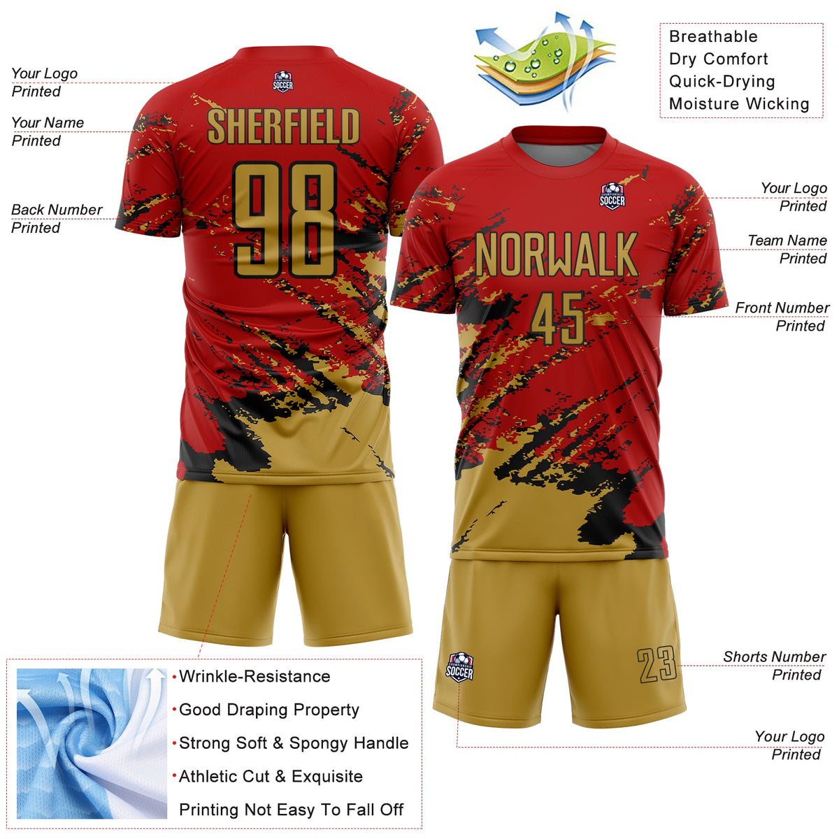 Custom Red Old Gold-Black Abstract Fragment Art Splash Sports Sublimation Soccer Uniform Jersey Limited