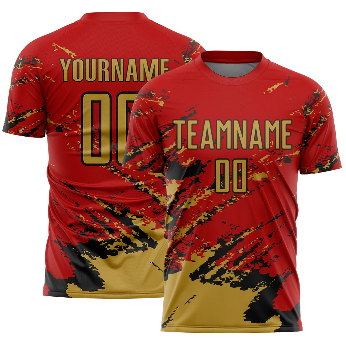 Custom Red Old Gold-Black Abstract Fragment Art Splash Sports Sublimation Soccer Uniform Jersey