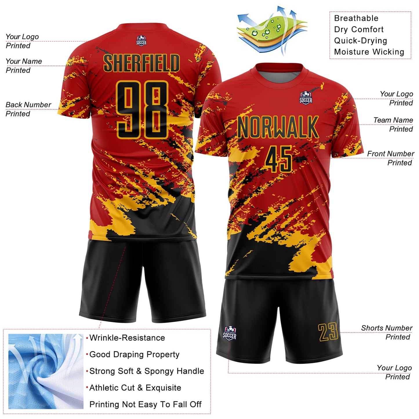 Custom Red Black-Gold Abstract Fragment Art Splash Sports Sublimation Soccer Uniform Jersey Limited
