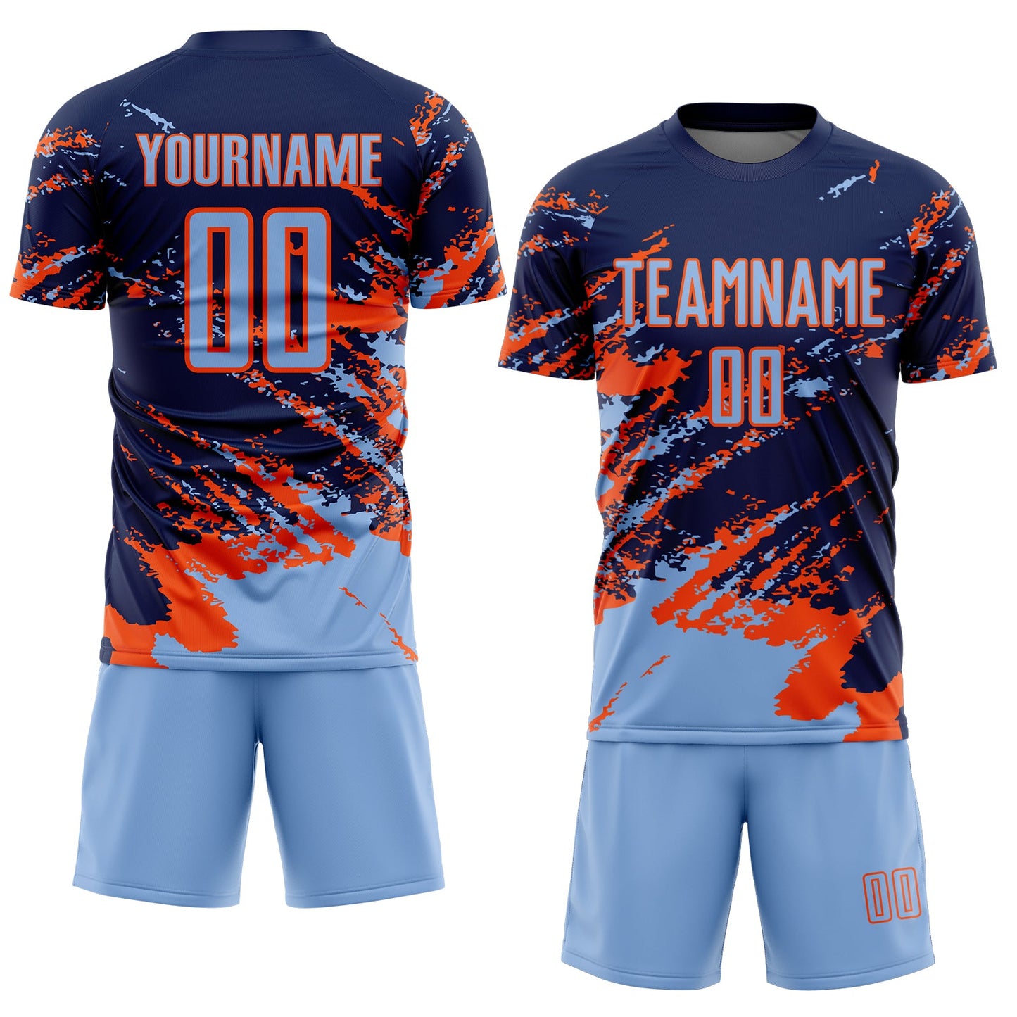 Custom Navy Light Blue-Orange Abstract Fragment Art Splash Sports Sublimation Soccer Uniform Jersey Limited
