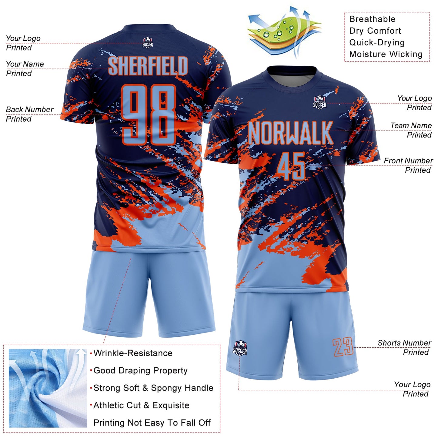 Custom Navy Light Blue-Orange Abstract Fragment Art Splash Sports Sublimation Soccer Uniform Jersey Limited
