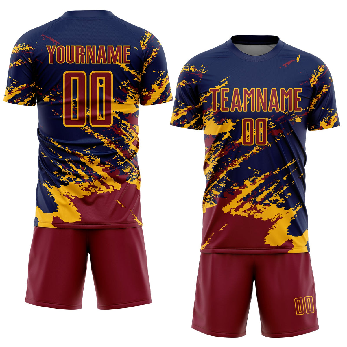Custom Navy Crimson-Gold Abstract Fragment Art Splash Sports Sublimation Soccer Uniform Jersey Limited