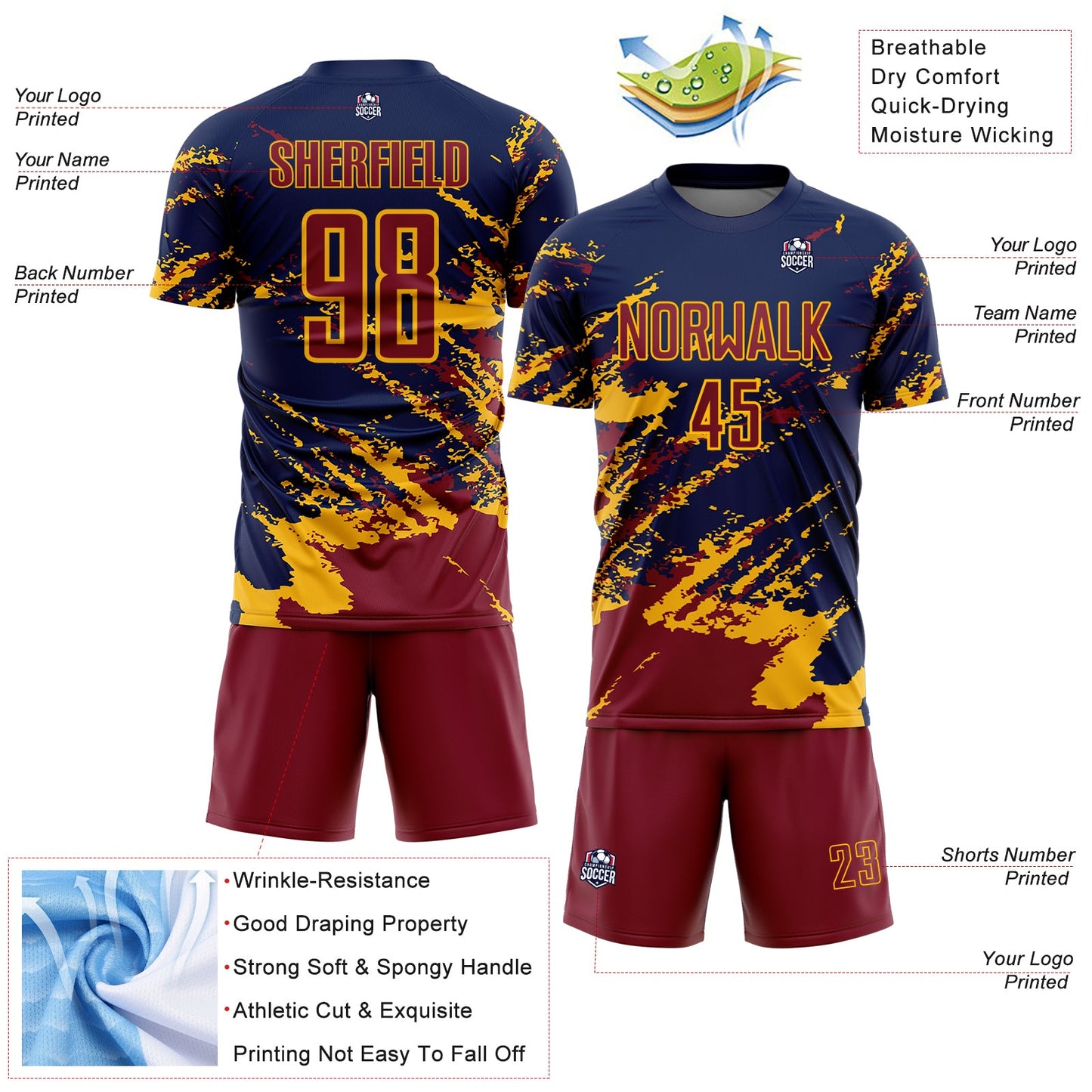 Custom Navy Crimson-Gold Abstract Fragment Art Splash Sports Sublimation Soccer Uniform Jersey Limited