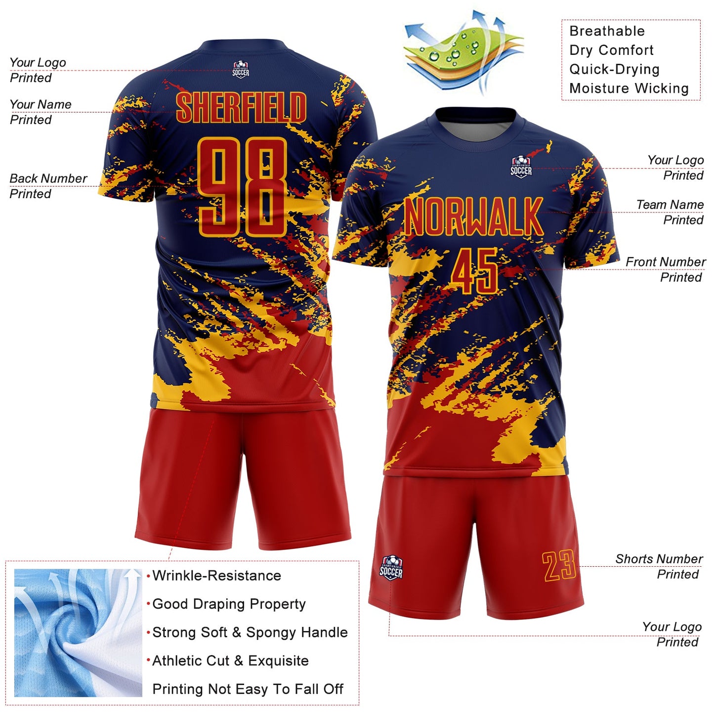 Custom Navy Red-Gold Abstract Fragment Art Splash Sports Sublimation Soccer Uniform Jersey Limited