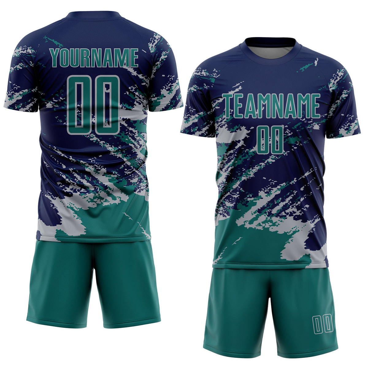 Custom Navy Teal-Gray Abstract Fragment Art Splash Sports Sublimation Soccer Uniform Jersey Limited