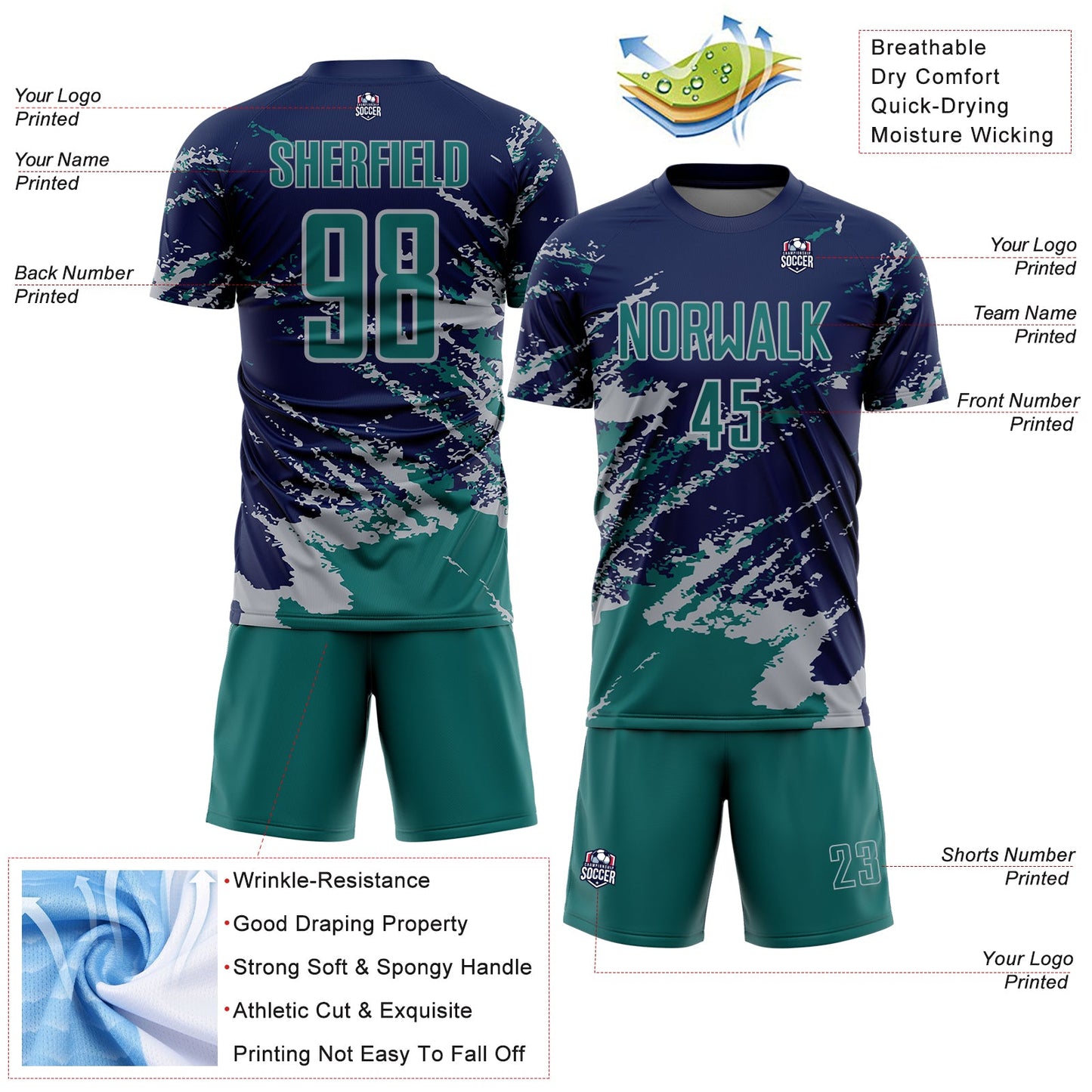 Custom Navy Teal-Gray Abstract Fragment Art Splash Sports Sublimation Soccer Uniform Jersey Limited