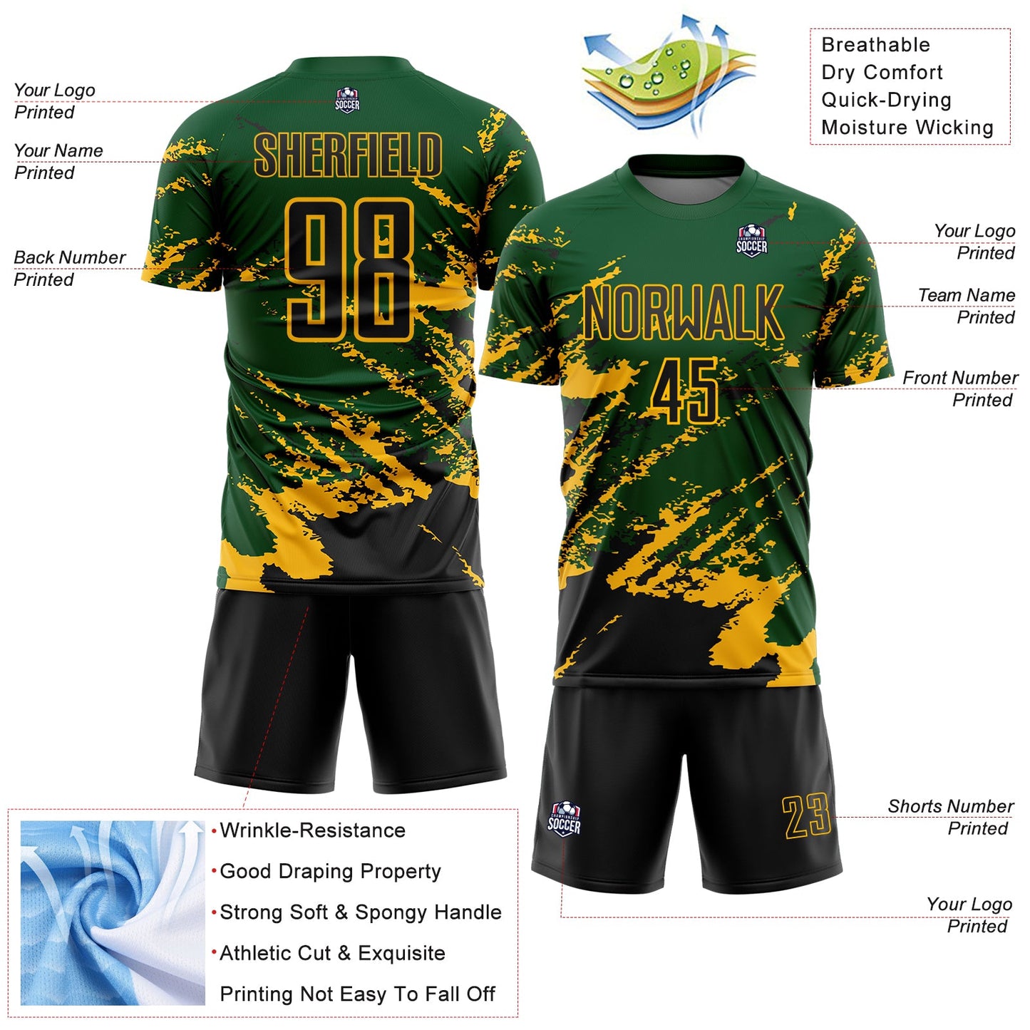 Custom Green Black-Gold Abstract Fragment Art Splash Sports Sublimation Soccer Uniform Jersey Limited