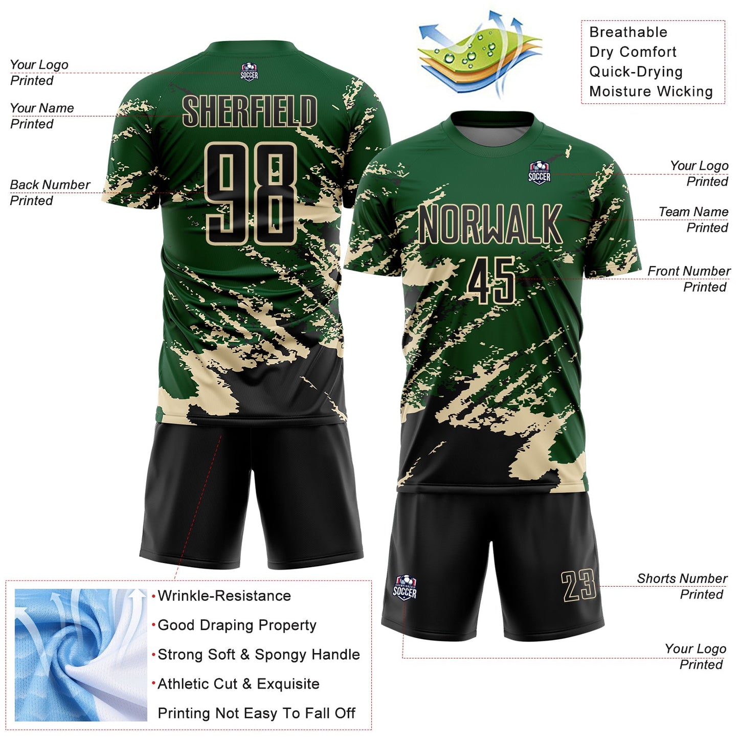 Custom Green Black-Cream Abstract Fragment Art Splash Sports Sublimation Soccer Uniform Jersey Limited