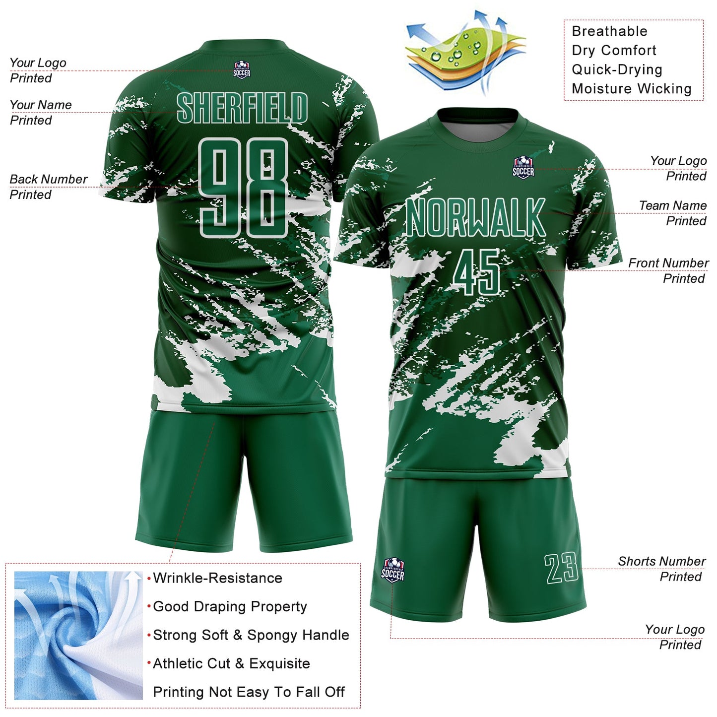 Custom Green Kelly Green-White Abstract Fragment Art Splash Sports Sublimation Soccer Uniform Jersey Limited