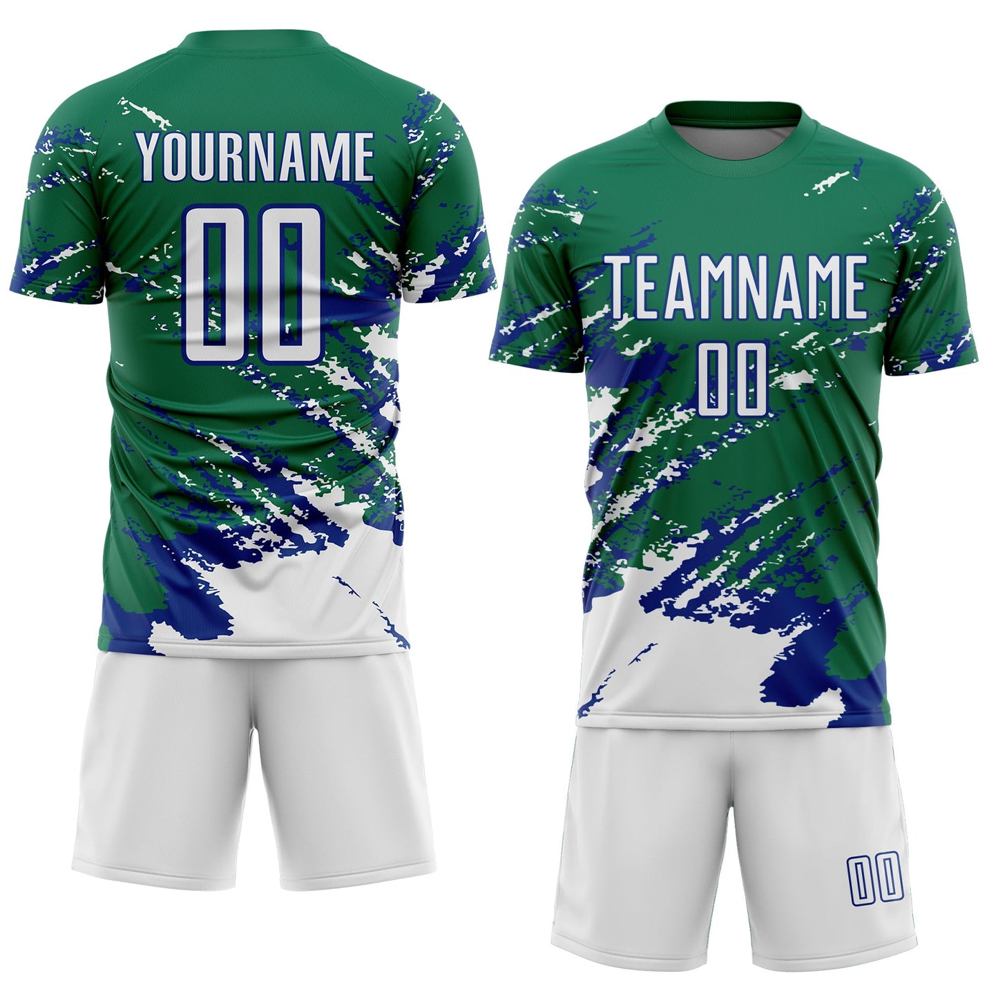 Custom Kelly Green White-Royal Abstract Fragment Art Splash Sports Sublimation Soccer Uniform Jersey Limited