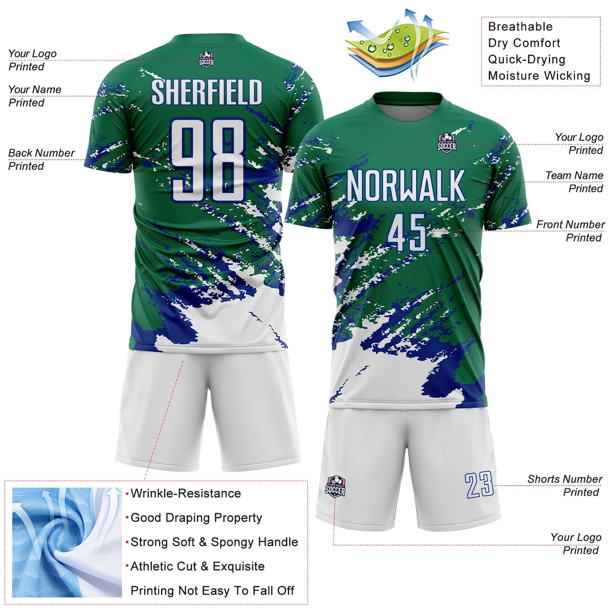 Custom Kelly Green White-Royal Abstract Fragment Art Splash Sports Sublimation Soccer Uniform Jersey Limited