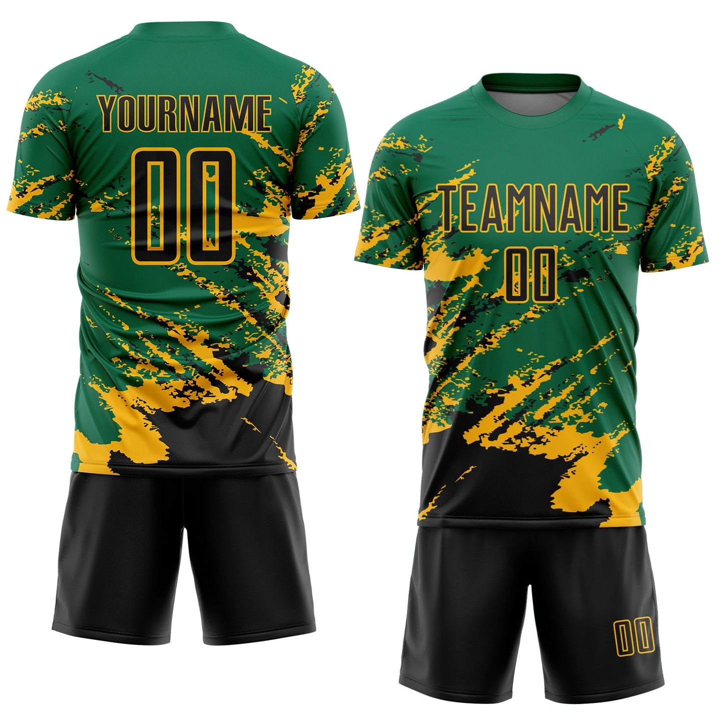 Custom Kelly Green Black-Gold Abstract Fragment Art Splash Sports Sublimation Soccer Uniform Jersey Limited