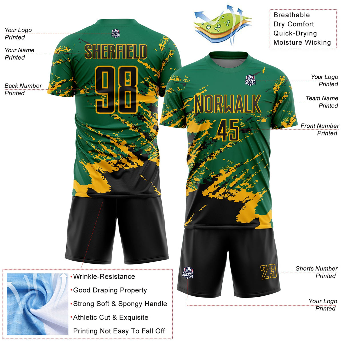 Custom Kelly Green Black-Gold Abstract Fragment Art Splash Sports Sublimation Soccer Uniform Jersey Limited