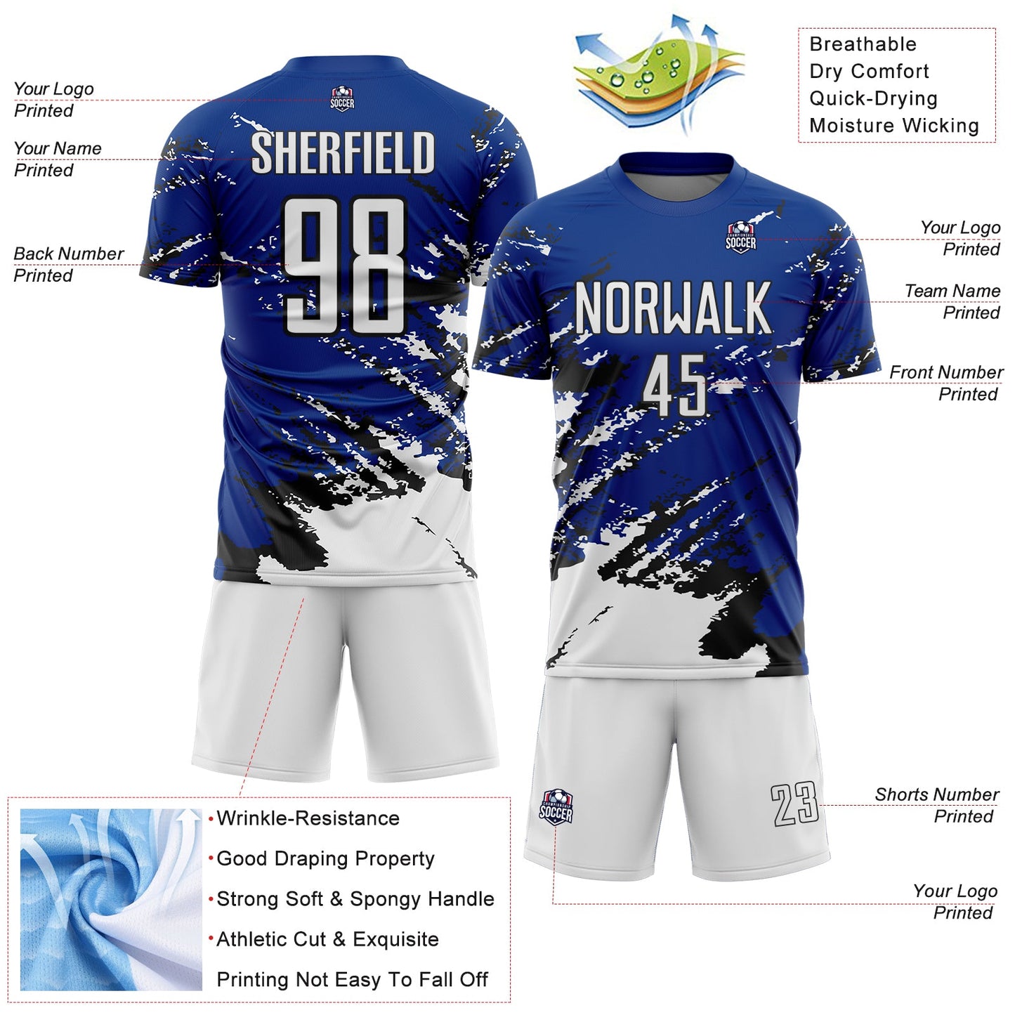 Custom Royal White-Black Abstract Fragment Art Splash Sports Sublimation Soccer Uniform Jersey Limited