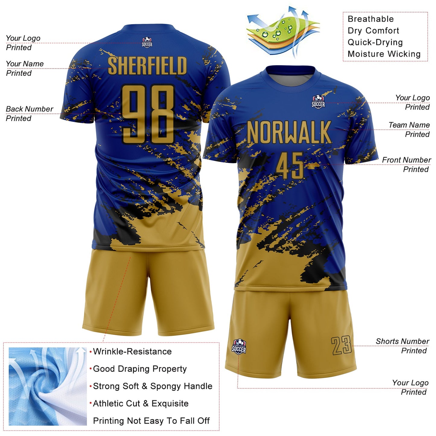 Custom Royal Old Gold-Black Abstract Fragment Art Splash Sports Sublimation Soccer Uniform Jersey Limited