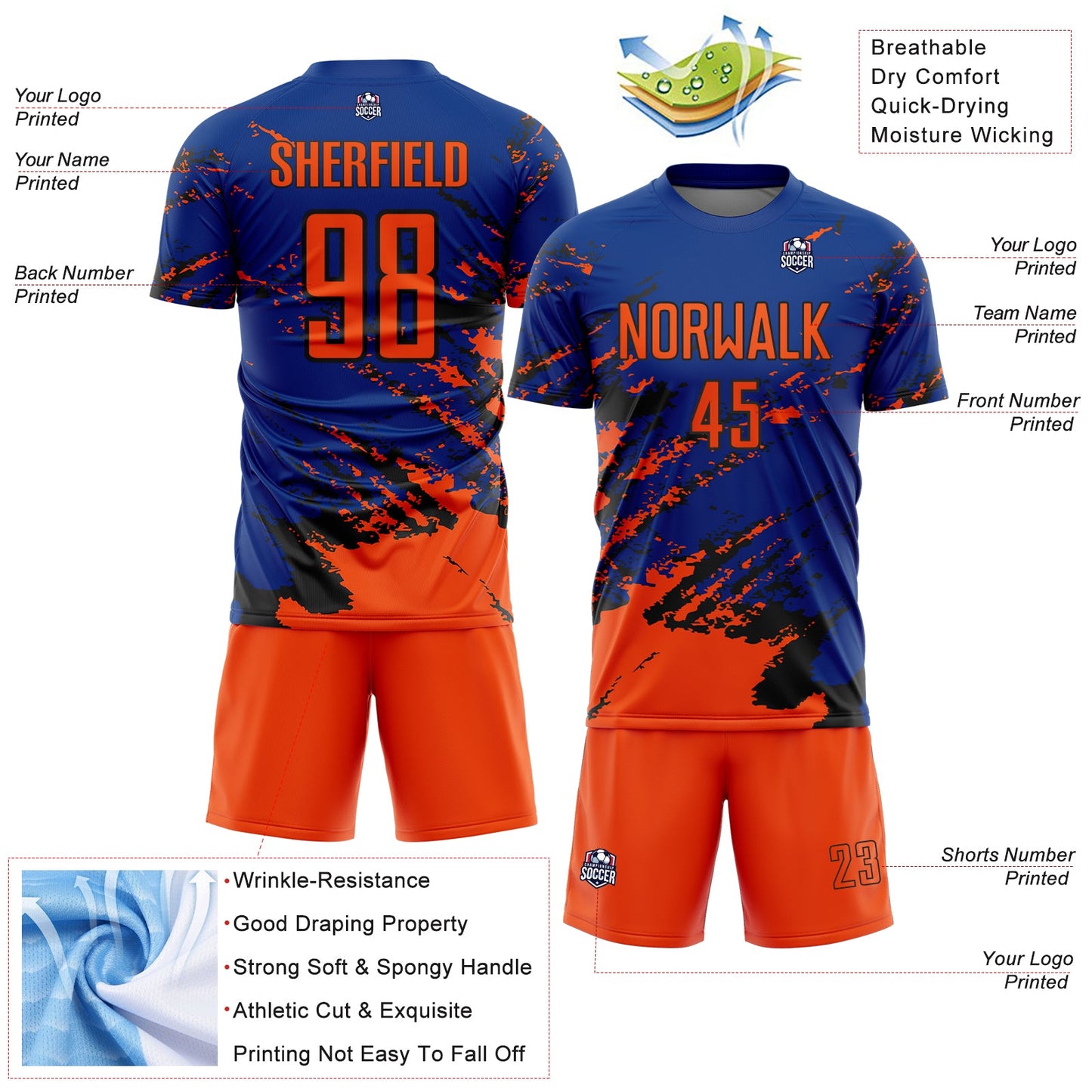 Custom Royal Orange-Black Abstract Fragment Art Splash Sports Sublimation Soccer Uniform Jersey Limited